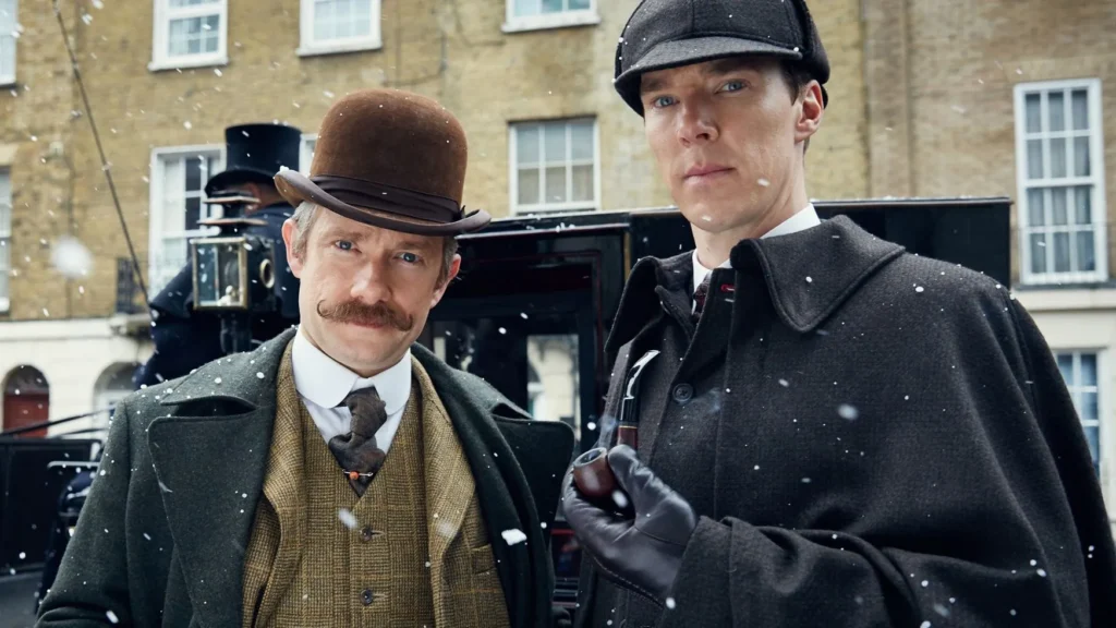 The BBC's Sherlock (2010-2017), starring Benedict Cumberbatch as a modern-day Holmes and Martin Freeman as Watson, updated the stories to contemporary London with texting, blogs, and viral fame.